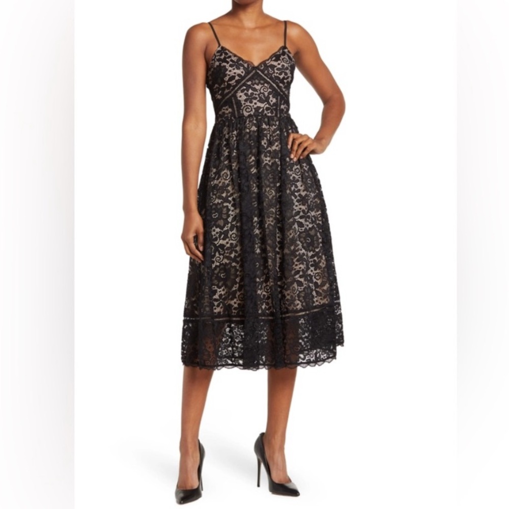 NSR Black Lace V-Neck Midi Dress XS